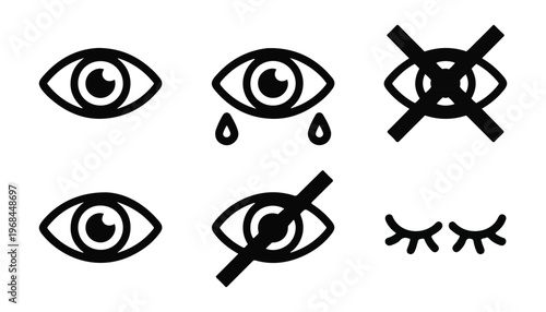 Bold linear eye icon collection with crying tears and crossed out sight symbols for modern web applications.