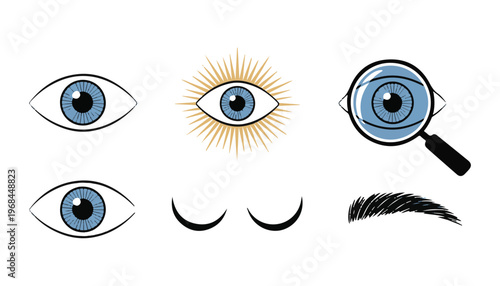 Detailed blue iris eye anatomy set with magnifying glass and eyebrow icons for vision health and inspection.