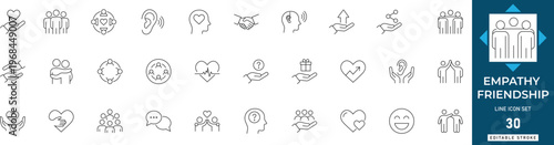 Empathy and friendship line icon set featuring kindness, support, connection, relationship, community, and care. Professional editable vector illustration.