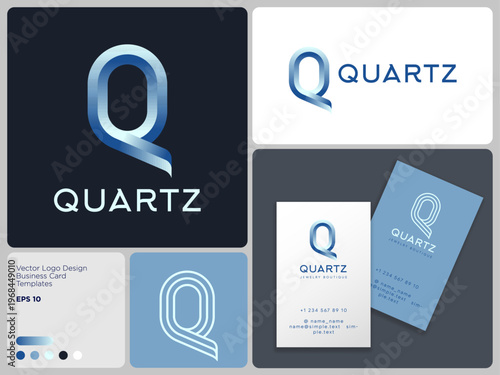 Quartz logo. The letter Q consists of geometric elements and ike facets gem crystal. Elements of brand identity, business card. 
