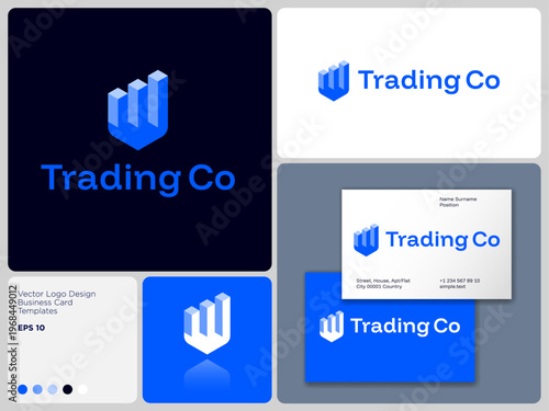 Trading company logo. Shield with a growth chart. Corporate identity, business card.
