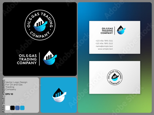 Oil and gas trading company logo. A blue drop with a trading chart and an upward arrow. Corporate identity, corporate symbols, and business card.