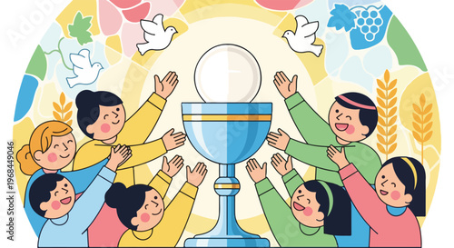 Colorful depiction of children celebrating a religious ceremony with a chalice