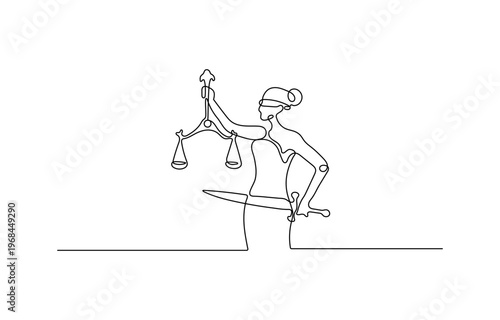 Lady Justice, a powerful symbol of fairness and law, is depicted in a striking single continuous line drawing, holding her scales and sword, representing equality and integrity.
