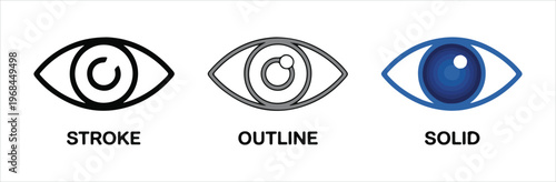 Eye icon in three different styles: stroke, outline, and solid for user interface and web design purposes.