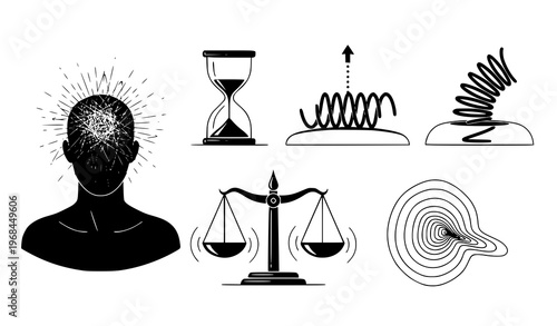 A collection of six black and white vector icons depicting various symbols including a person's head with a chaotic brain an hourglass scales and abstract designs on a plain white background