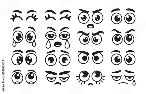 Set of cartoon eyes with various emotions like happy sad angry confused shocked and crying expressions.