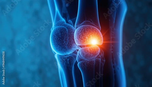 Knee Joint Pain Illustration with Red Glow, Medical Visualization of Injury, Inflammation, and Arthritis