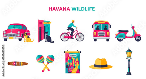 Havana Cuba colorful street icons set.