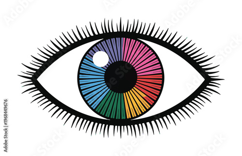 Colorful abstract eye with radiating stripes of blue pink purple green and red showing vibrant and unique vision.