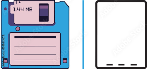 A vector illustration featuring a blue 1.44MB floppy disk on the left and a blank smartphone or tablet device icon on the right, separated by a vertical line.