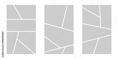 Image collage layout template. Grey mosaic mood board grid collection. Picture frame set. Photo album idea for banner, poster, comic page, flyer, brochure, booklet, memory wall design. Vector pack
