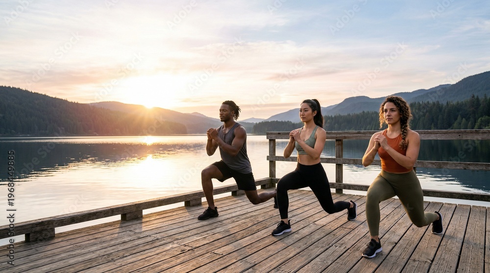 Fototapeta premium Diverse friends performing lunges on a wooden deck at sunrise