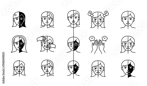 A vector graphic illustration of various female faces showcasing different skincare routines and facial expressions in a minimalist line art style