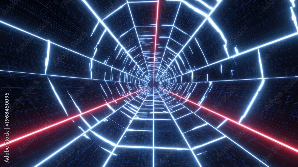 Obraz premium Perspective view of dynamic wireframe tunnel, glowing neon lines, motion effect, immersive sci fi aesthetic, high resolution