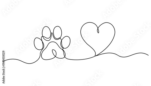 Continuous one line drawing Paw print, heart line art, animal love, pet icon, one line drawing
