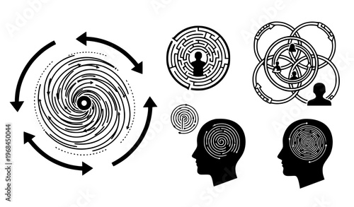 A vector graphic illustration of various maze and labyrinth designs incorporated into human head silhouettes and abstract patterns on a white background
