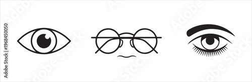 Human vision icons including wide open eye round glasses frames and detailed eyebrow with long eyelashes.