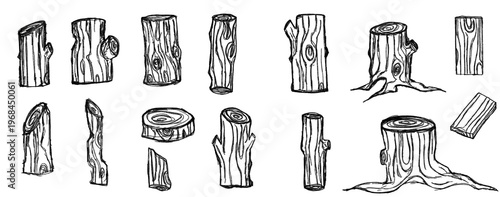 Hand Drawn Black Ink Wood Log and Tree Stump Set, Rustic Timber Sketches and Vintage Wood Texture Doodles