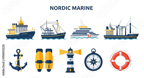 Nordic marine vessels and nautical icons.