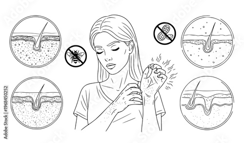 A woman scratching her skin with various skin sections and insect icons around her in a black and white vector illustration