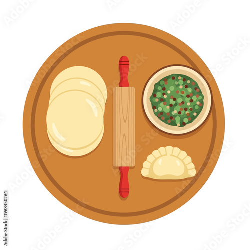 Dumplings Ingredients and Rolling Pin on Wooden Board