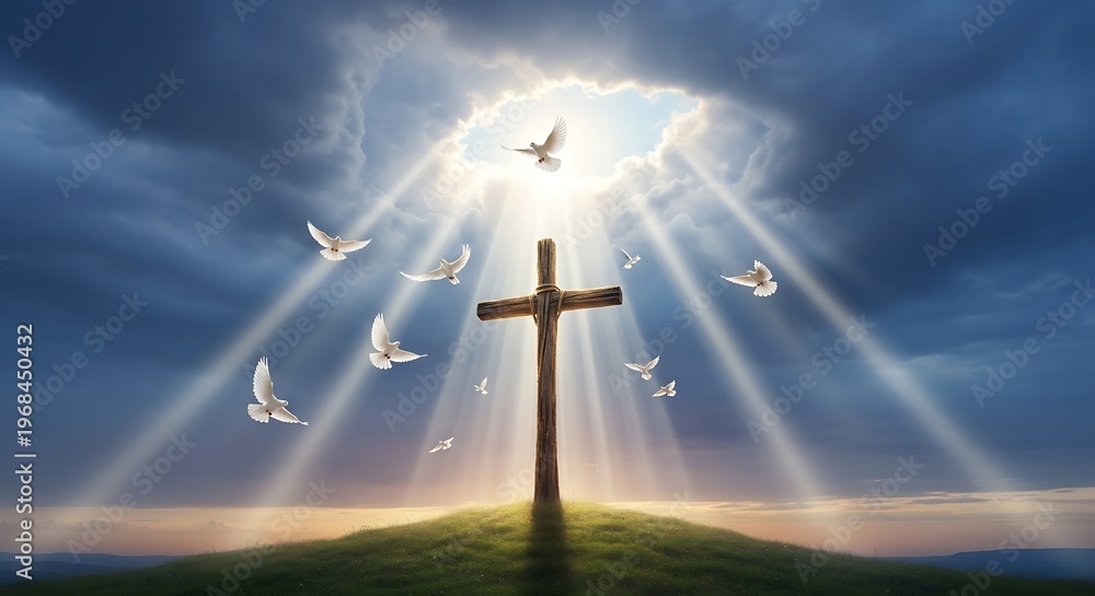 Obraz premium wooden cross on hill with heavenly light rays and white doves, christian faith concept.