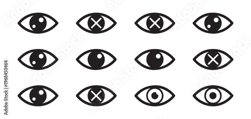 Set of twelve stylized eye icons with different designs and variations for creative use.