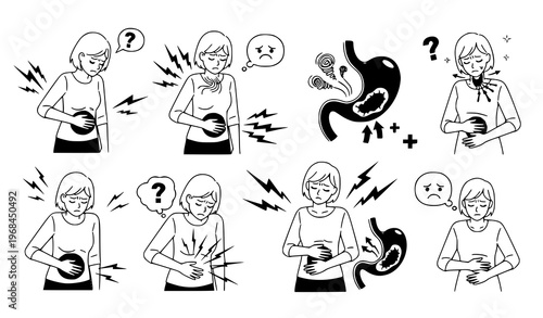 A vector graphic illustration of a woman experiencing stomach pain and digestive issues in various poses and expressions with a large stomach silhouette and lightning bolts