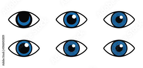 Three stylized blue eyes with varying pupil and iris designs, eye icon representations.
