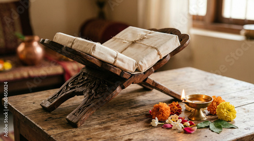 14. Brass Ramayana book stand without text visible