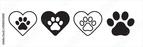 Heart with paw print inside vector icon set, animal love symbol, pet care concept.