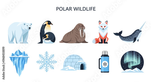 Polar wildlife and icy landscape icons.