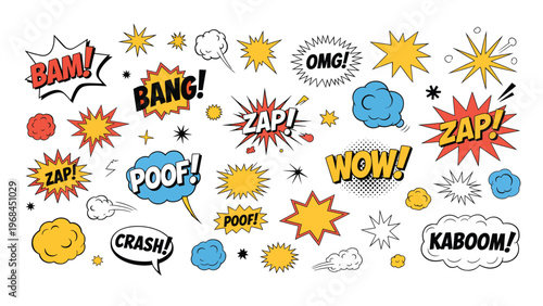 Collection of vibrant comic book style explosion sound effect word bubbles and graphics