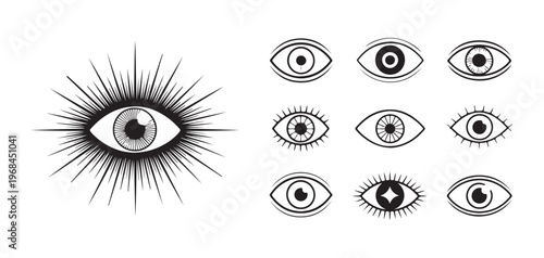 Esoteric eye symbol set with radiant sunburst lines and diverse pupil patterns for mystical graphic design work.