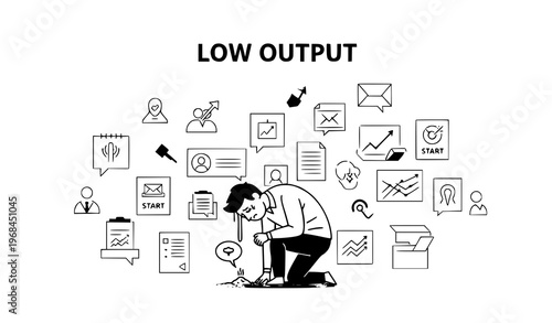 A vector graphic illustration of a man kneeling and surrounded by various productivity and office icons with a low output theme