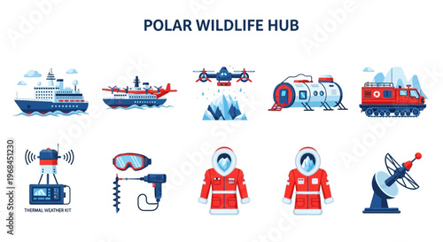 Polar wildlife research station equipment icons.