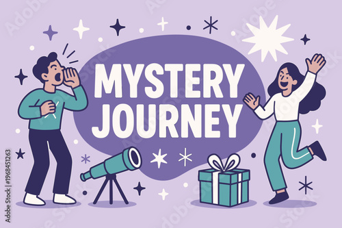 Exciting Adventure Awaits. Mystery journey banner, flat vector illustration, bold oversized text inside rounded blob, cartoon characters shouting and dancing,
