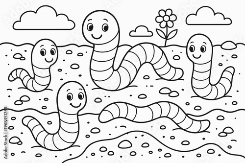 Worms Coloring Page. Worms children?s coloring book illustration, outlined drawing, a group of worms in the soil, educational design for kids, clear bold