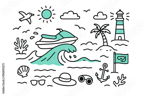 Ocean Adventure Doodle. // Ocean ride. Hand-drawn doodle illustration Ocean ride [jet ski (accented), rolling wave (accented), seagull, lighthouse (accented),