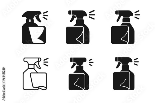 Workspace Cleaning Icons. Tidying workspace. Icon set. Set Logo of tidying workspace: cleaning cloth and spray bottle. harmonious logo variations of the same