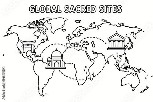 Sacred Sites Map. Global sacred sites children?s coloring book illustration, outlined drawing, a simple world map with tiny landmark icons like a temple,