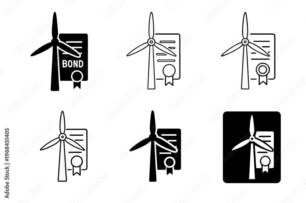 Fototapeta premium Green Bonds Logos. Green bonds. Icon set. Set Logo of green bonds: wind turbine overlaying a ribboned bond. harmonious logo variations of the same emblematic