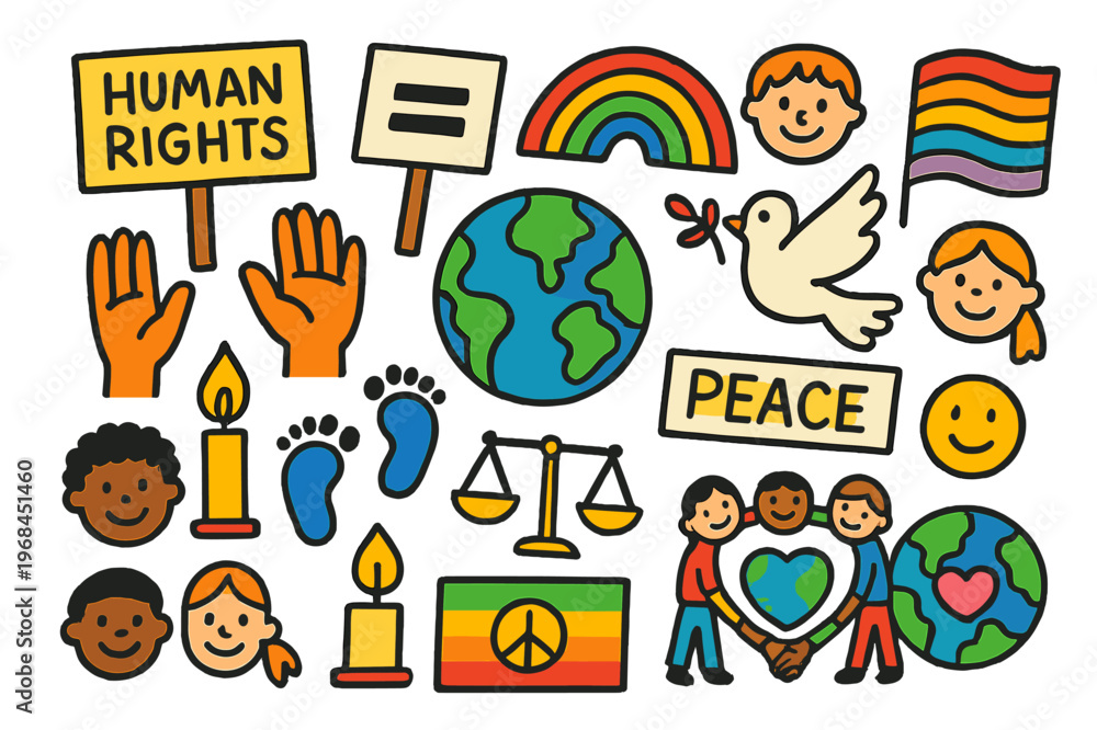 Naklejka premium Children's Rights Celebration. Human rights movement. Colorful Hand-drawn doodle Children illustration Human rights movement earth, open hands, dove, candle,