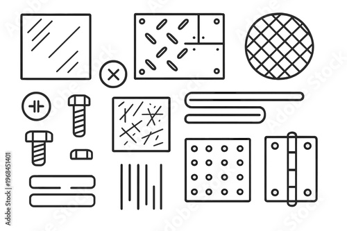 Metal Textures Doodle. Metal textures. Hand-drawn doodle illustration metal textures brushed steel, grid plate, rivets, mesh, screw head, scratched surface,