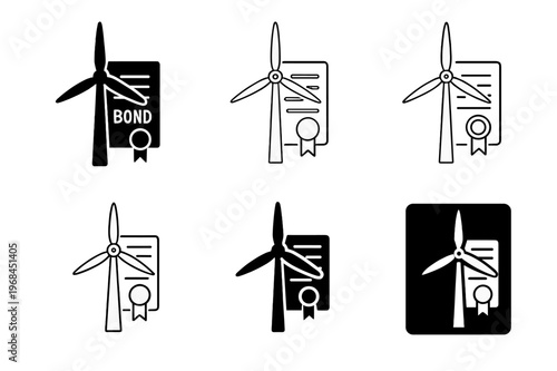 Green Bonds Logos. Green bonds. Icon set. Set Logo of green bonds: wind turbine overlaying a ribboned bond. harmonious logo variations of the same emblematic