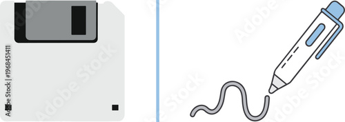 A vector illustration featuring a floppy disk storage icon on the left and a pen icon drawing a wavy line on the right, separated by a vertical line.