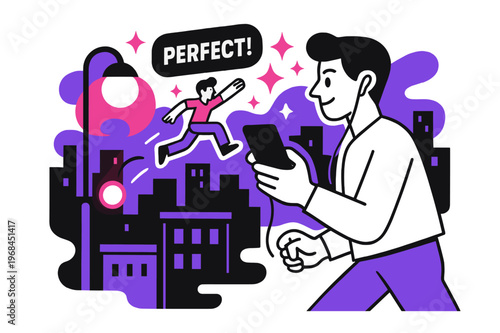 Night City Gamerscape. Playing a mobile game on the go ? Night city stroll. Streetlights become glowing orbs; the character swipes to jump rooftops. ?PERFECT!?