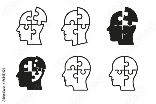 Mental Health Icons. Mental health and self-awareness. Icon set. Set Logo of Mental health and self-awareness: puzzle head assembling pieces. harmonious logo
