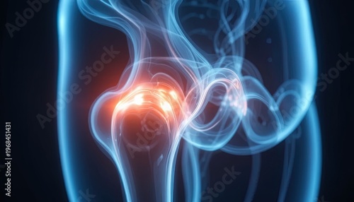 Human Hip Joint Anatomy Illustration with Pain Highlighted in Red on a Dark Background